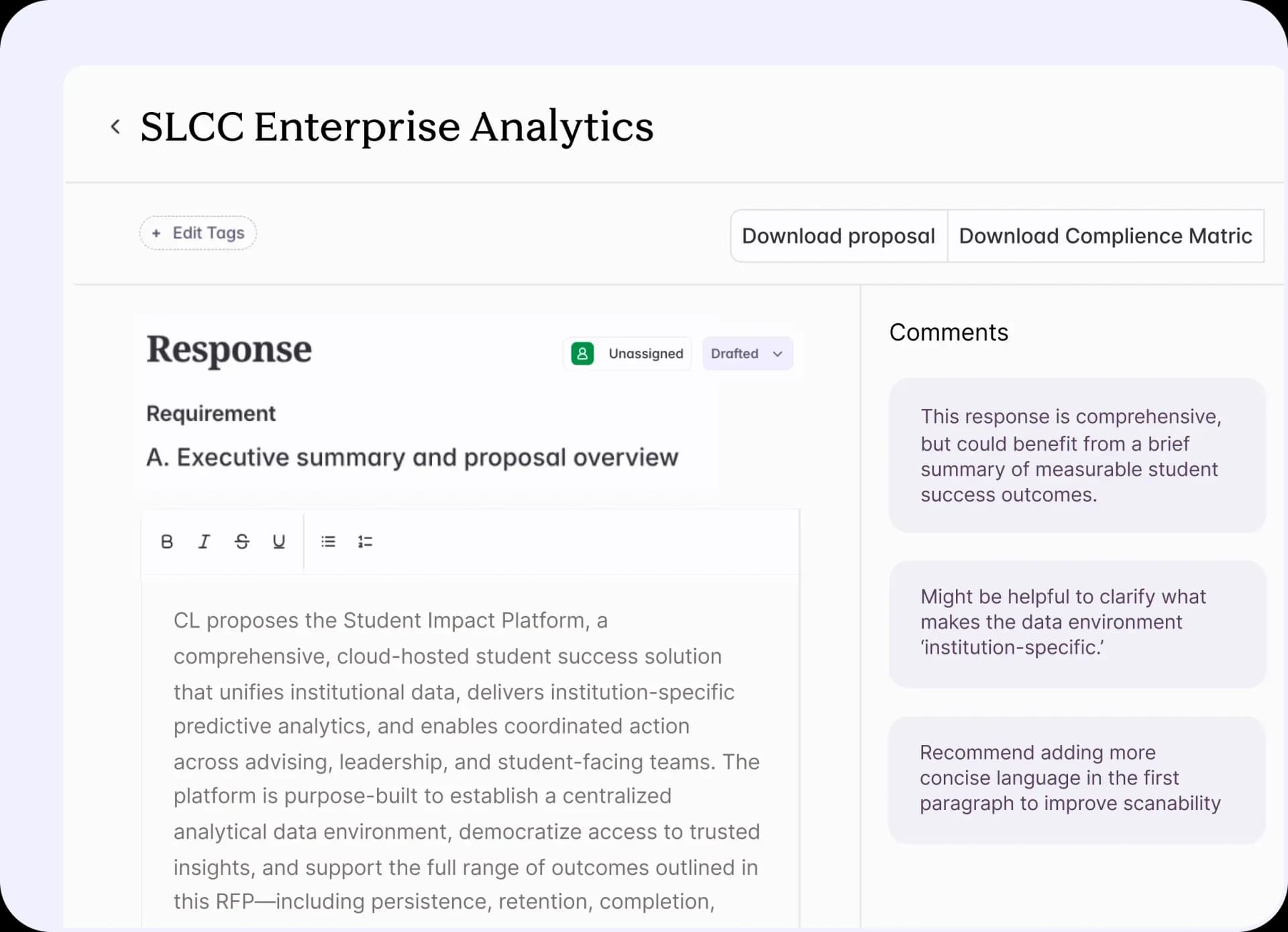 Starbridge proposal editor for SLCC Enterprise Analytics with requirement responses, reviewer comments, and download-proposal and download-compliance-matrix buttons